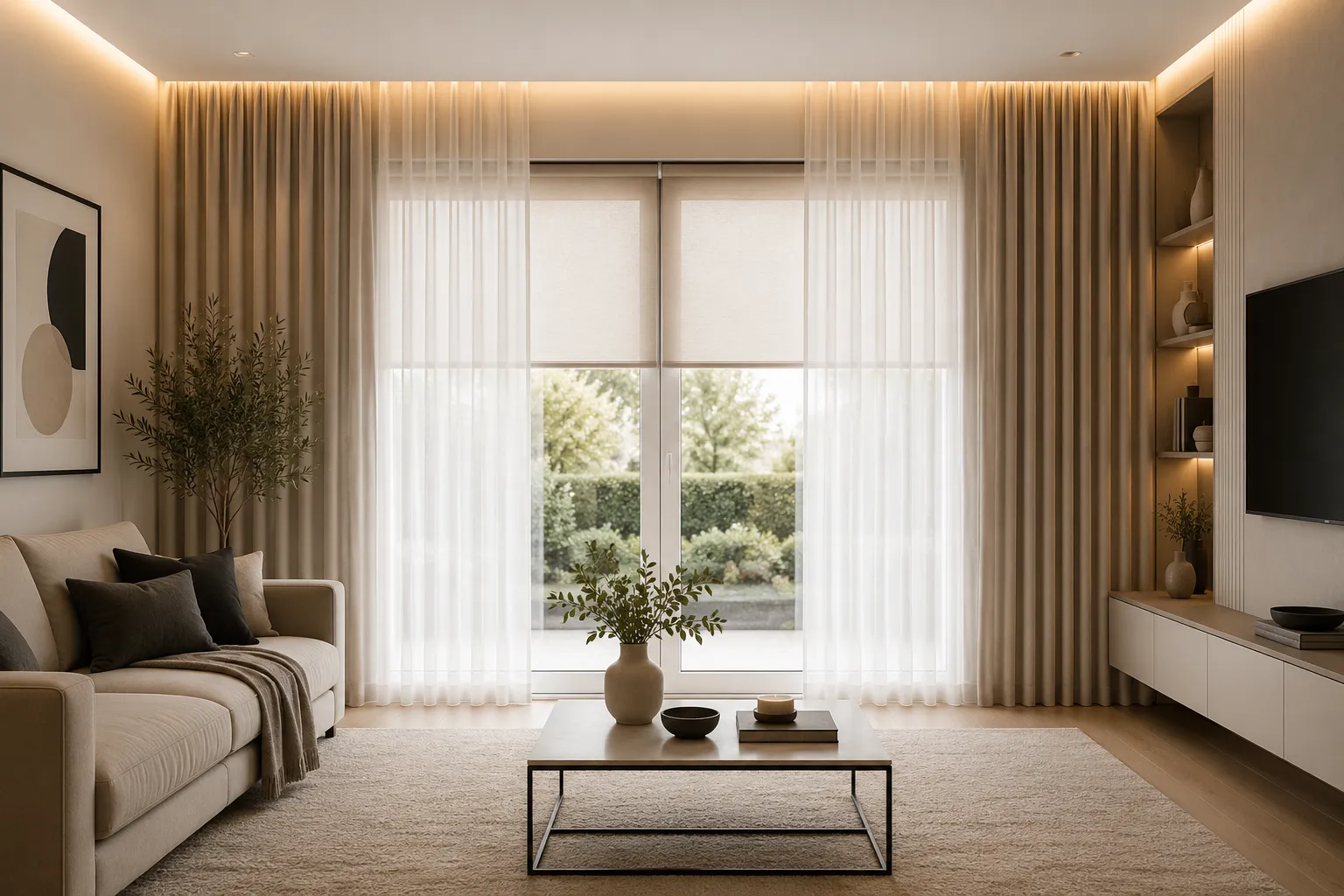 Cortinas roller instaladas en un living luminoso