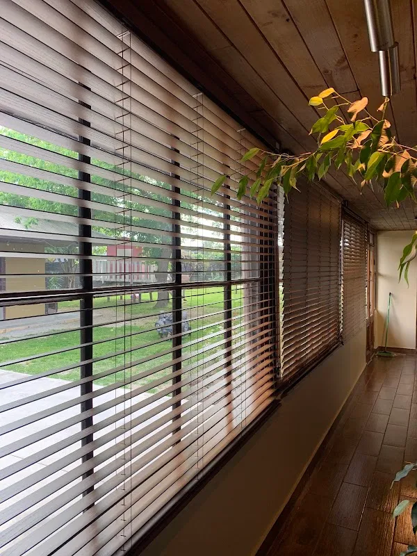 Persiana de madera de láminas anchas con vista al jardín en un pasillo de ventanales